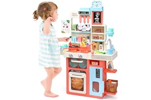 CUTE STONE Pretend Play Kitchen, Water Sink, Stove with Steam&Light&Sound, 63PCS Toy KitchenAccessories with Toy Food, Pots, 