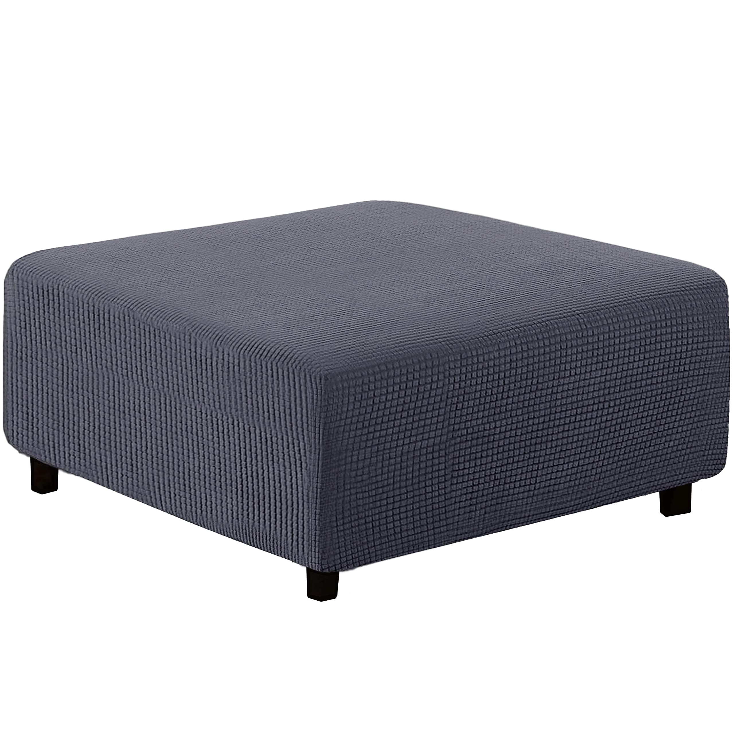 qiden Square Footstool Cover Jacquard Plush Thicker Large Stretch Pouffe Cover Anti-Slip Ottoman Slipcovers With Elastic Bottom, Machine Washable-dark grey-Large