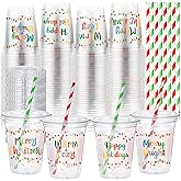 Sliner 180 Pcs/ 60 Sets Merry Christmas Cups with Lids and Straws Bulk 12 oz Happy Holiday Disposable Clear Plastic Cups for Beer Snacks Coffee Xmas Party Supplies(Red Green,Holiday Style)