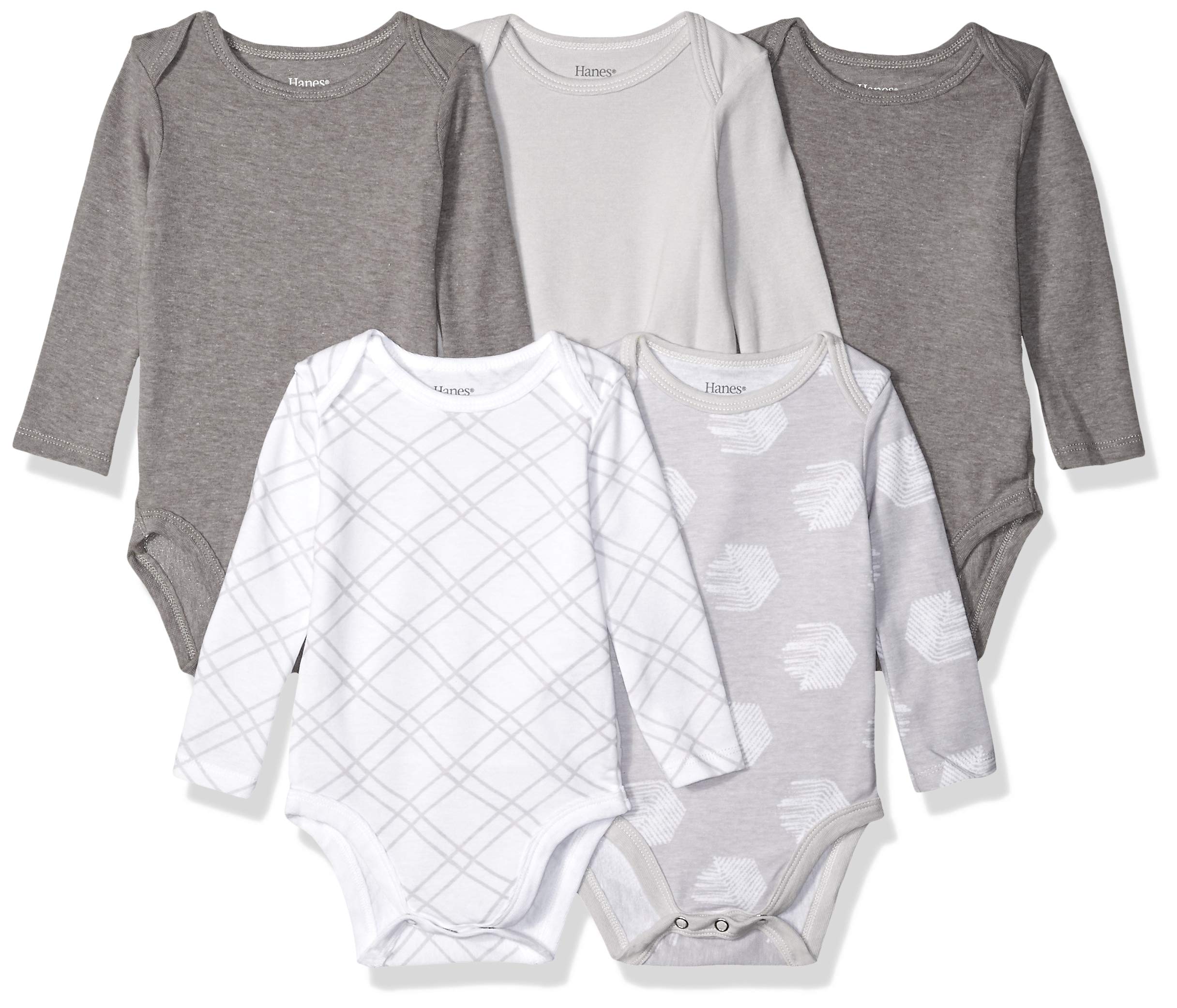 HanesBaby Long Sleeve Bodysuit, Ultimate Flexy Bodysuits Boys & Girls, 5-Pack