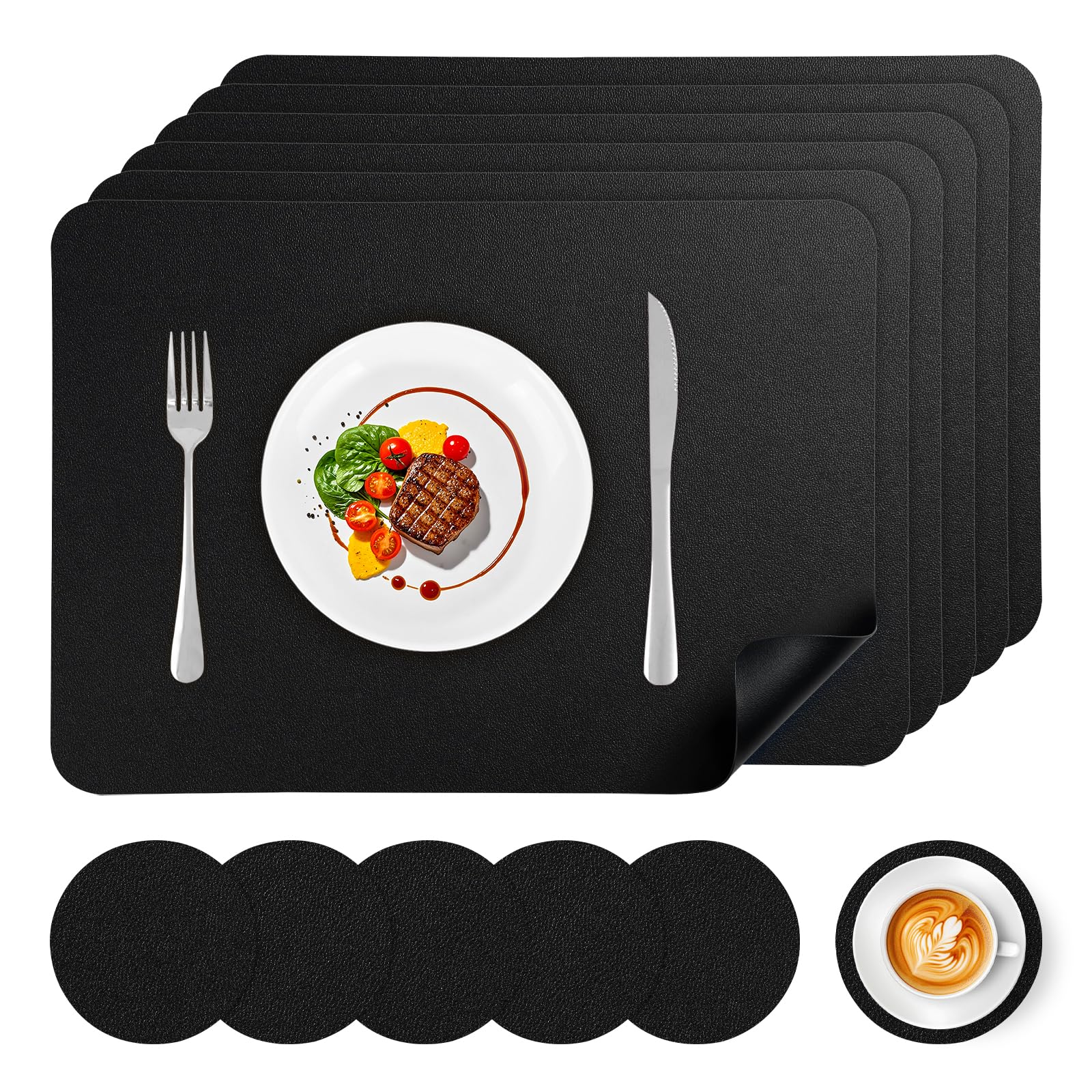 APLKER Faux Leather Placemats and Coasters Set of 6, Wipeable Waterproof Oil-Proof Heat Resistant Table Mats for Dining, Kitchen, Hotel, 16.9 x11.8 inches（Large Place Mats) - Black — image 1