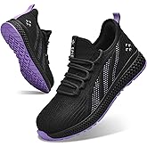 SPIEZ Safety Shoes for Women, Lightweight Composite Toe Work Shoes, Slip-On Non Slip Fashion Sneakers for Daily Wear Black Purple US 5-9.5