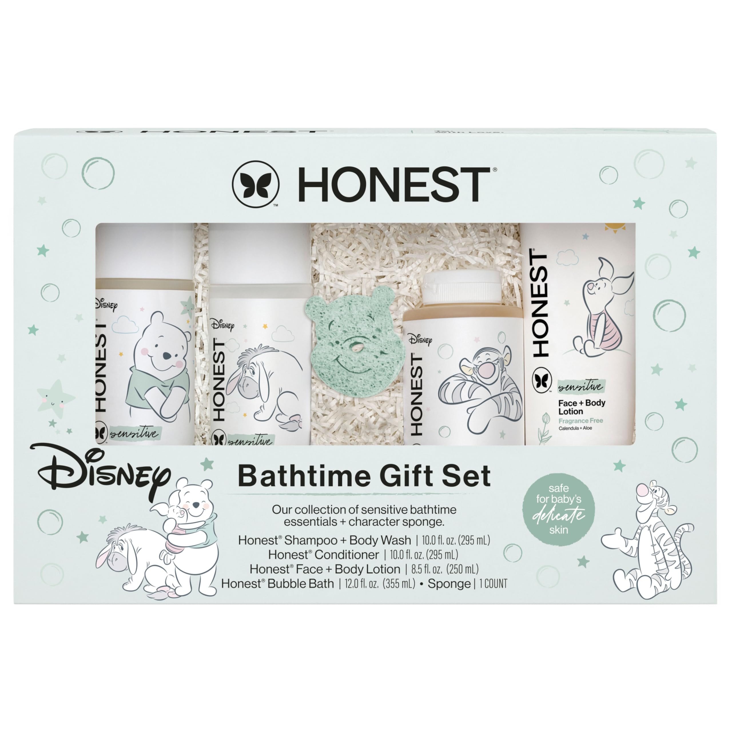 The Honest Company Fragrance Free Bathtime Gift Set + Disney Design | Hypoallergenic Bath Essentials for Sensitive Skin | Shampoo + Body Wash, Face + Body Lotion, Bubble Bath, Conditioner, Sponge Image