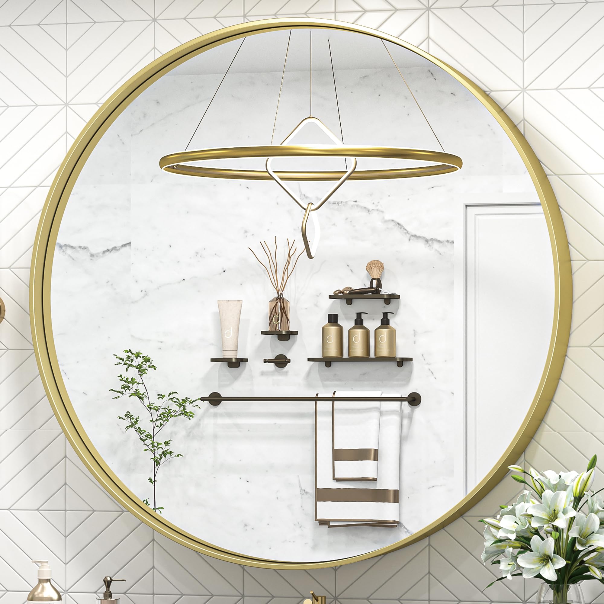 Photo 1 of TokeShimi 40 Inch Round Gold Bathroom Mirror for Wall with Non-Rusting Aluminum Alloy Brushed Matte Metal Frame for Modern Minimalist Farmhouse Home Decor