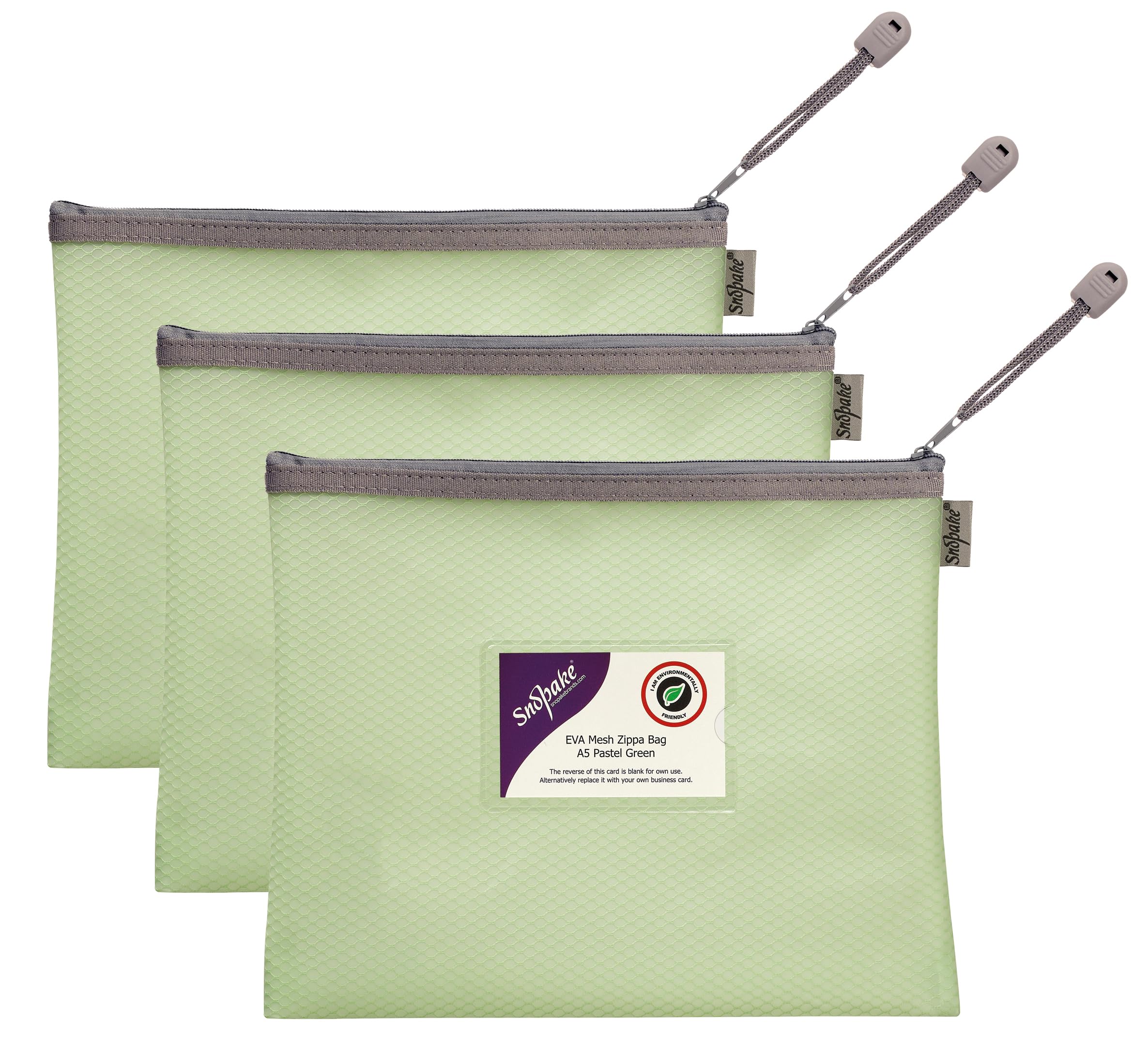 Snopake A5 High Capacity Pastel Green EVA Mesh Zippa-Bag [Pack of 3] 240 x 130mm – Heavy Duty Bag with Hanging Loop and Business Card Holder [15902]