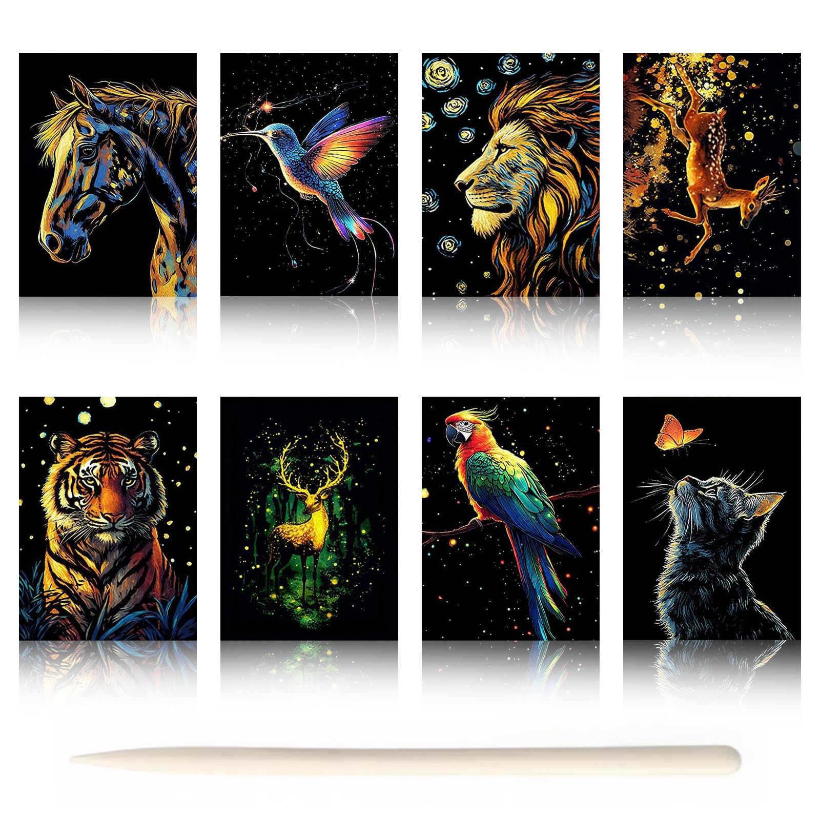 8 Pcs Rainbow Scratch Art, Animal Series Painting Sketch for Adults and Kids with Glow Effect, Color Scratch Paper Set for Stress Relief & Creativity, DIY Art & Craft Drawing — image 1