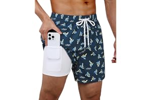 Gleeease Swim Trunks Mens 5 Inch Inseam Compression Liner Short Men Bathing Suit Lined Swimming Shorts Men's Swim Suits