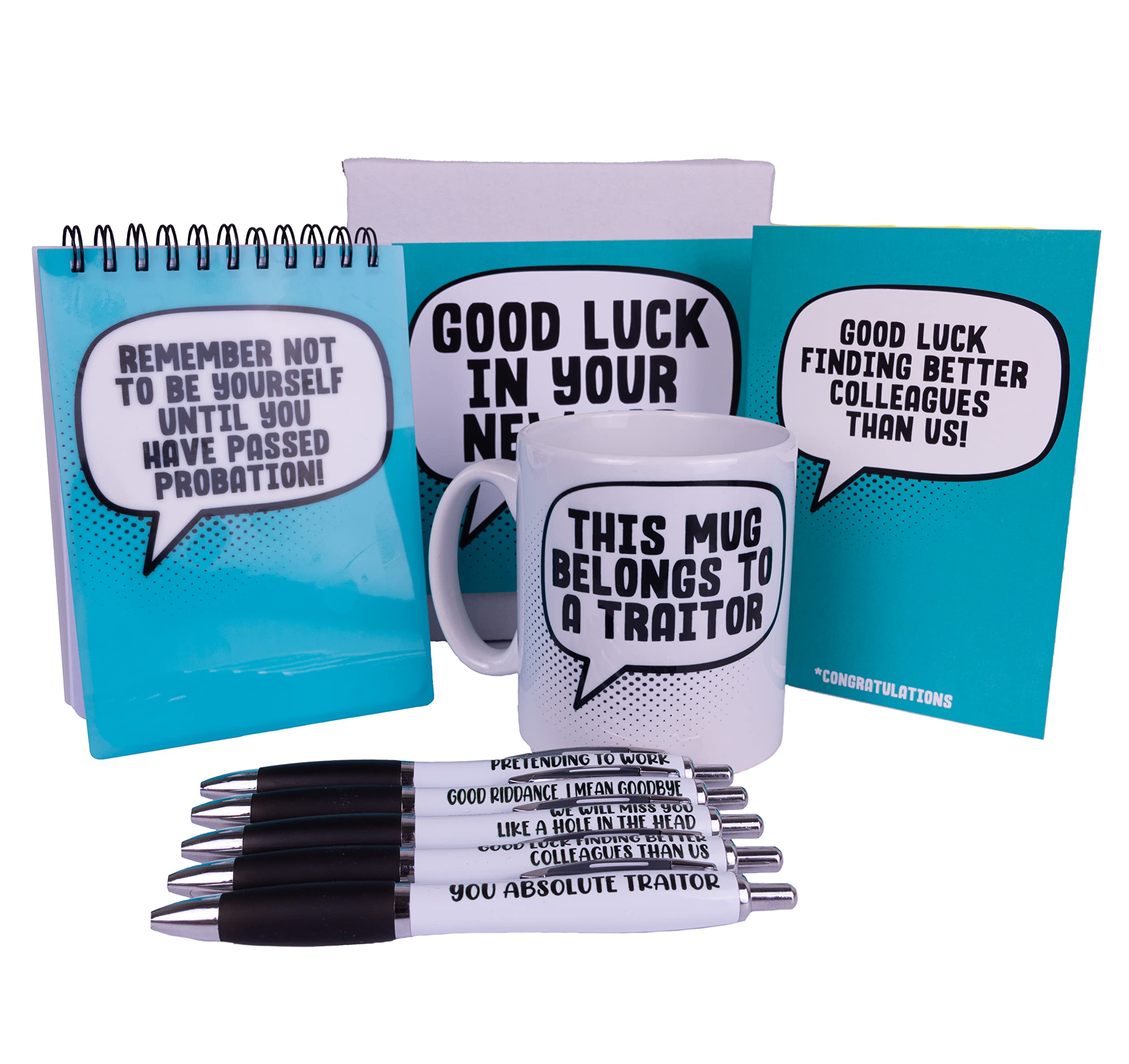 Leaving Job and New Job Gift Set - Mug, Pen Pack, Notebook & Card Funny Leaving Job Present - Blue