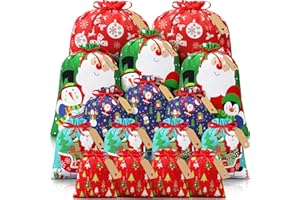 FLOE 16 PCS Christmas Drawstring Gift Bags with Tags, Large Xmas Gift Bags Assorted Sizes Bulk, Jumbo Medium Small Holiday Gift Bags Cotton Fabric Gift Wrapping Bags for Christmas Presents Party Favor Sack
