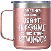 SUNWILL Insulated Coffee Mug with Lid, Birthday Gifts for Women, Stainless Steel Coffee Cup, Inspirational Sometimes You Forget You're Awesome Gifts for Mom, Best Friend, Her- 14oz Rose Gold
