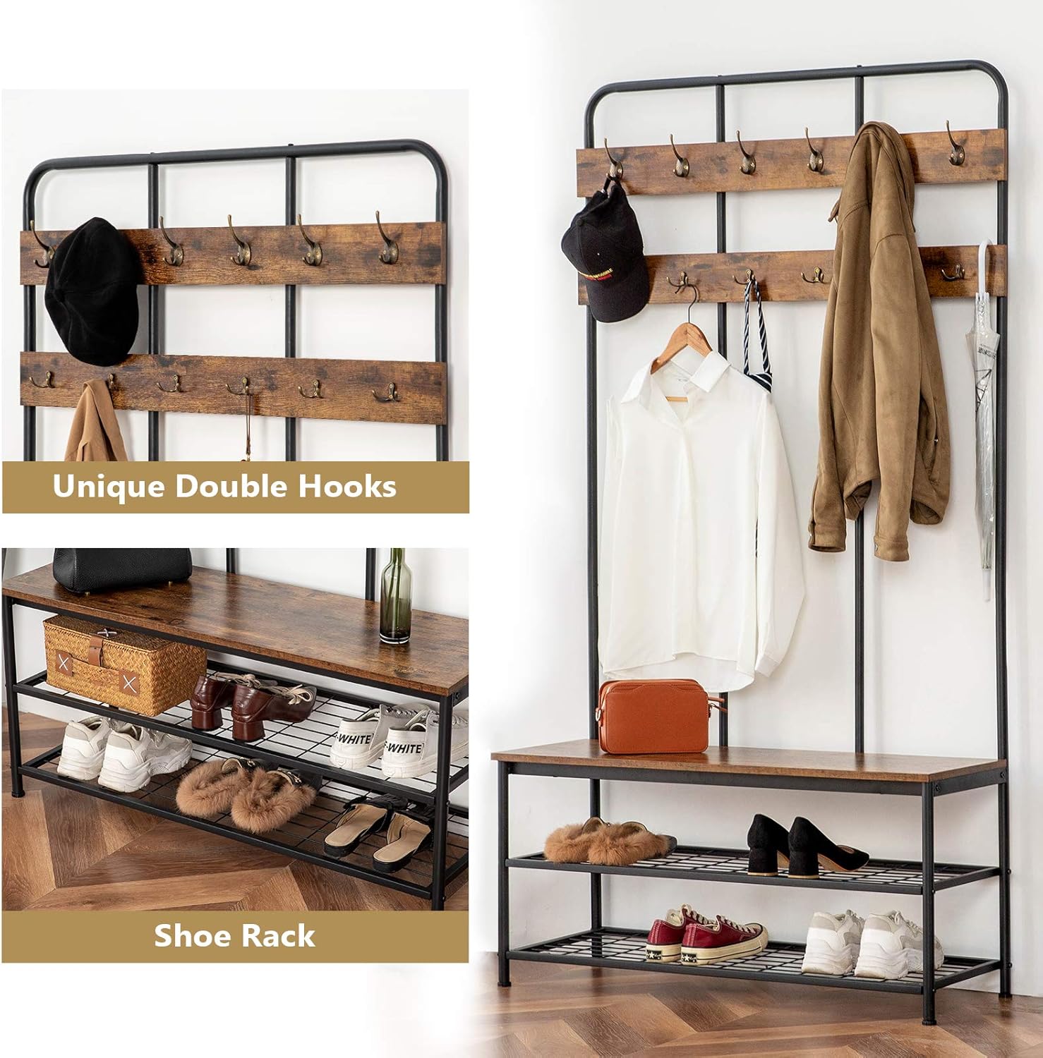 HOOBRO Coat Rack Shoe Bench, Pipe Style Hall Tree with 12 Hooks