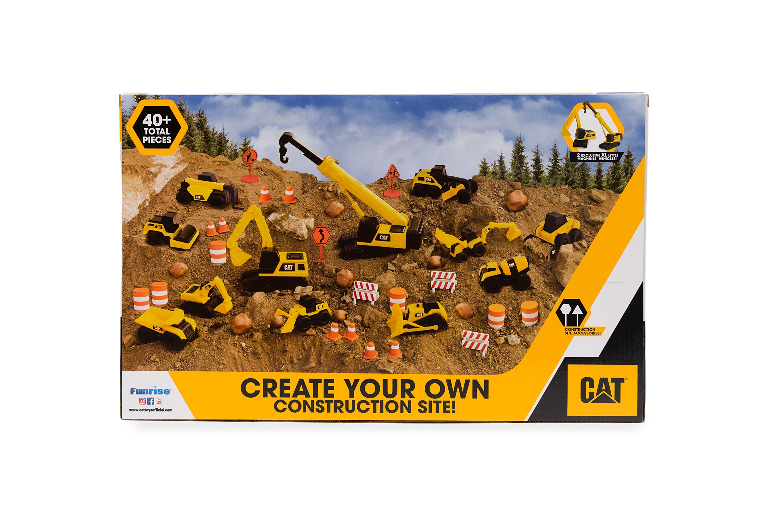CAT Construction Toys, Little Machines Mega Set – 40+ Pieces with XL Crane & Excavator, 10 Mini Vehicles, Road Signs, Cones, Boulders & Barricades, Indoor/Outdoor STEM Toy for Kids Ages 3 +