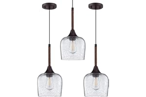RAINLIGHTING 1 Light Hanging Indoor Kitchen Island Pendant Light 6.1" Glass Rope Pendant Ceiling Light Fixtures,Oil Rubbed Bronze Finish Modern Farmhouse Dinning Over Sink (Clear Seeded Glass, 3 Pack)