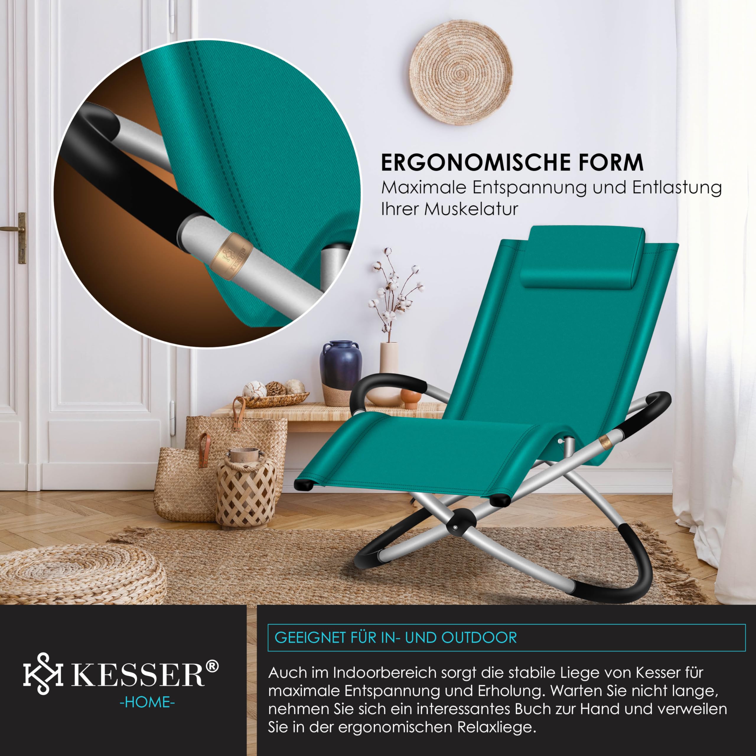 KESSER® Relaxliege Liegestuhl | Gartenliege Sonnenliege | Gartenstuhl | Klappstuhl faltbar | Schwungliege | Schaukelsessel | ergonomische Relaxsessel | wetterfest | 180 kg Belastung, Petrol Grün 6