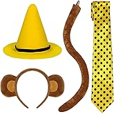 Parma77 4 Pcs Monkey Ears Headband and Tail Set, Monkey Costume Yellow Costume for Adult, Yellow Hat Black Polka Dots Tie for Cosplay Party Accessories
