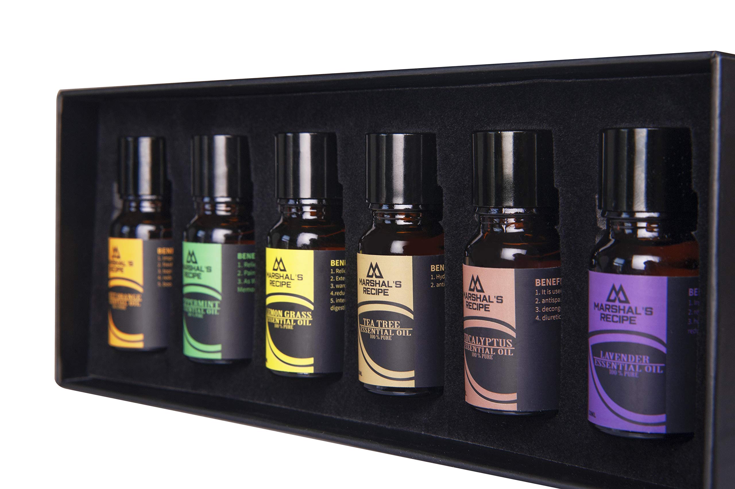 New Generation Aromatherapy Essential Oils Set of 6 Bottles x 10 ml by Marshal\'s Recipe - 6 Therapeutic Grade Aromas: Sweet Orange, Peppermint, Lemon Grass, Tea Tree Eucalyptus, Lavender