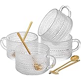 ZOOFOX Set of 4 Glass Coffee Mugs, 14 Oz Clear Glass Cups with Golden Spoons, Vintage Embossed Coffee Cups Set for Latte, Espresso, Cappuccino, Cereal, Yogurt, Tea and Hot Beverage