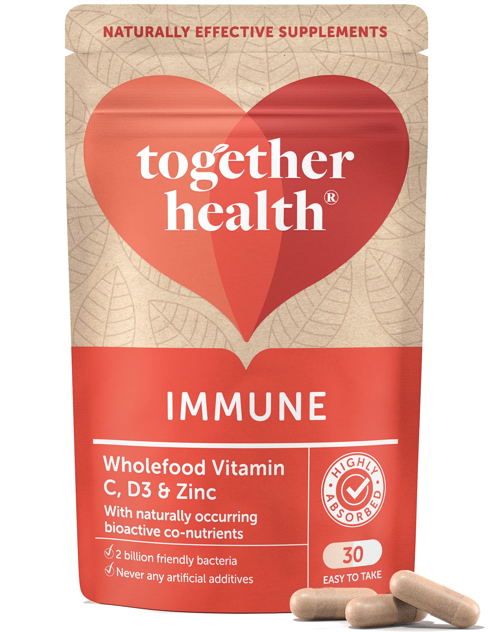 Immune Support Supplement – Together Health – Whole Food Nutrients – Vitamin C, Zinc, Selenium & Live Bacteria – Vegan Friendly – Made in The UK – 30 Vegecaps