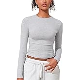 kayamiya Women's Basic Long Sleeve Cotton Shirts Tight Fit Fall Crewneck Trendy Y2K Crop Tops