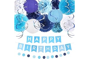CAVETEE Happy Birthday Party Decoration for Women & Girls with Happy Birthday Banner,Tissue Paper Pompoms, Paper Tassel,Circle Garland,Hanging Garland Swirl (Blue)