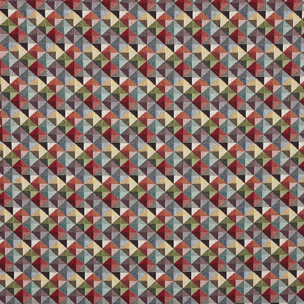 Kt KILOtela - Upholstery Fabric - Jacquard Gobelin - Size: 100 cm length x 280 cm width | Triangles, small - Red, green, yellow, grey, black ─ 1 metre