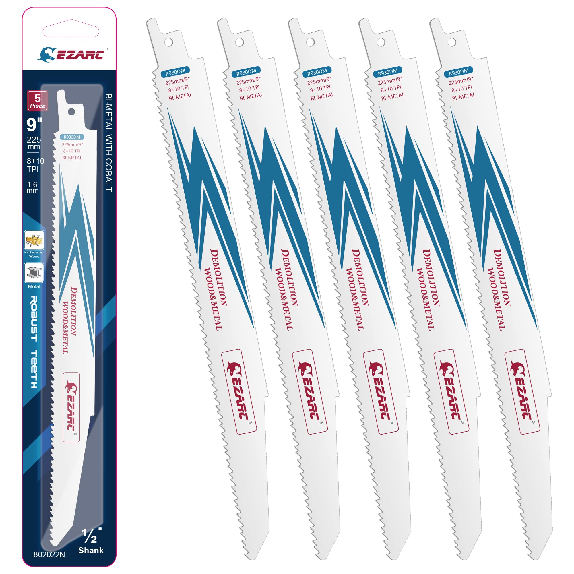EZARC Reciprocating Saw Blade Bi-Metal Cobalt Sabre Saw Blades for Wood and Metal Demolition 225mm 8+10TPI R930DM (5-Pack)