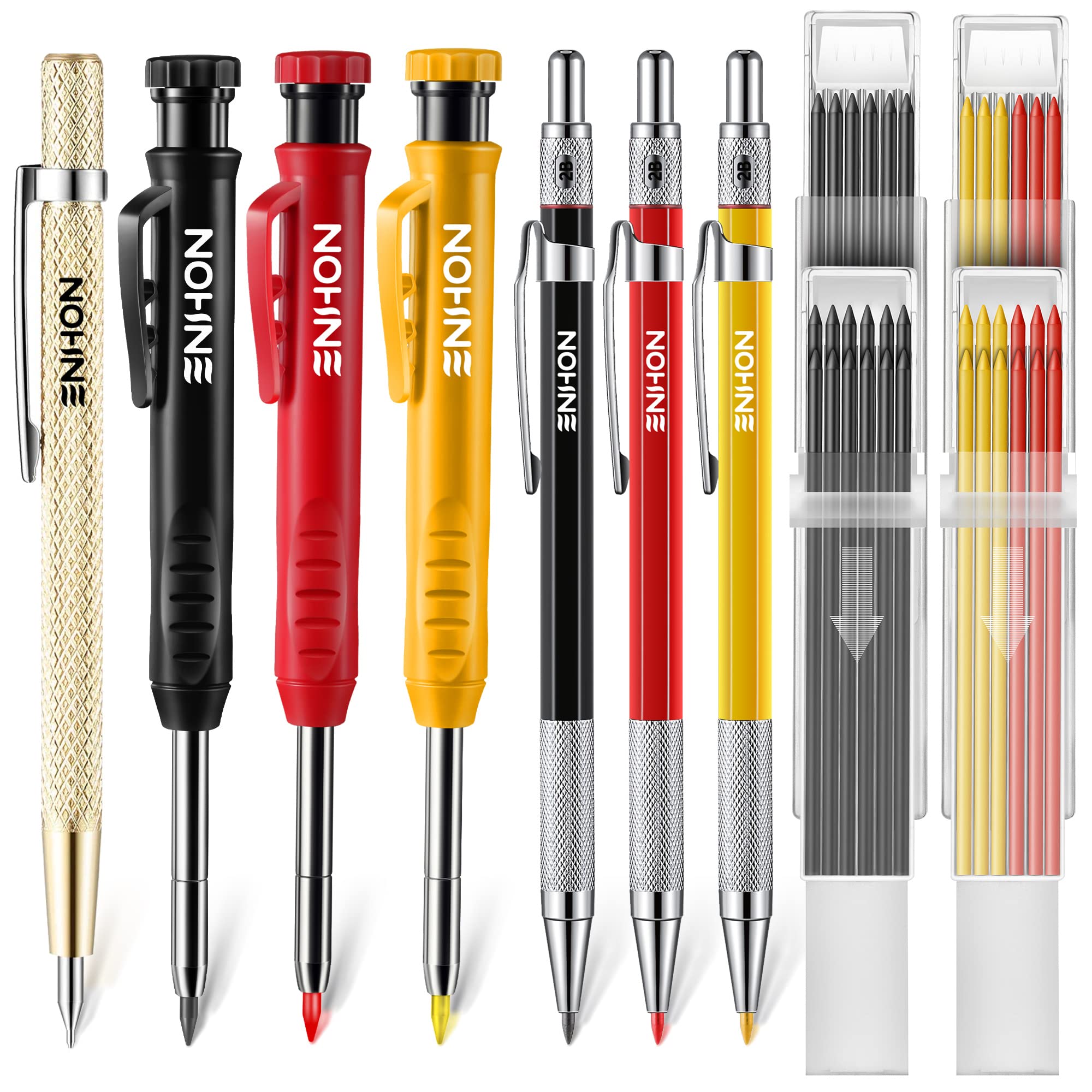 Enhon 6 Pack Carpenter Pencil with Sharpener, Mechanical Carpenter Pencils with 36 Refills, Heavy Duty Construction Pencil Woodworking Tools for Architect Marking