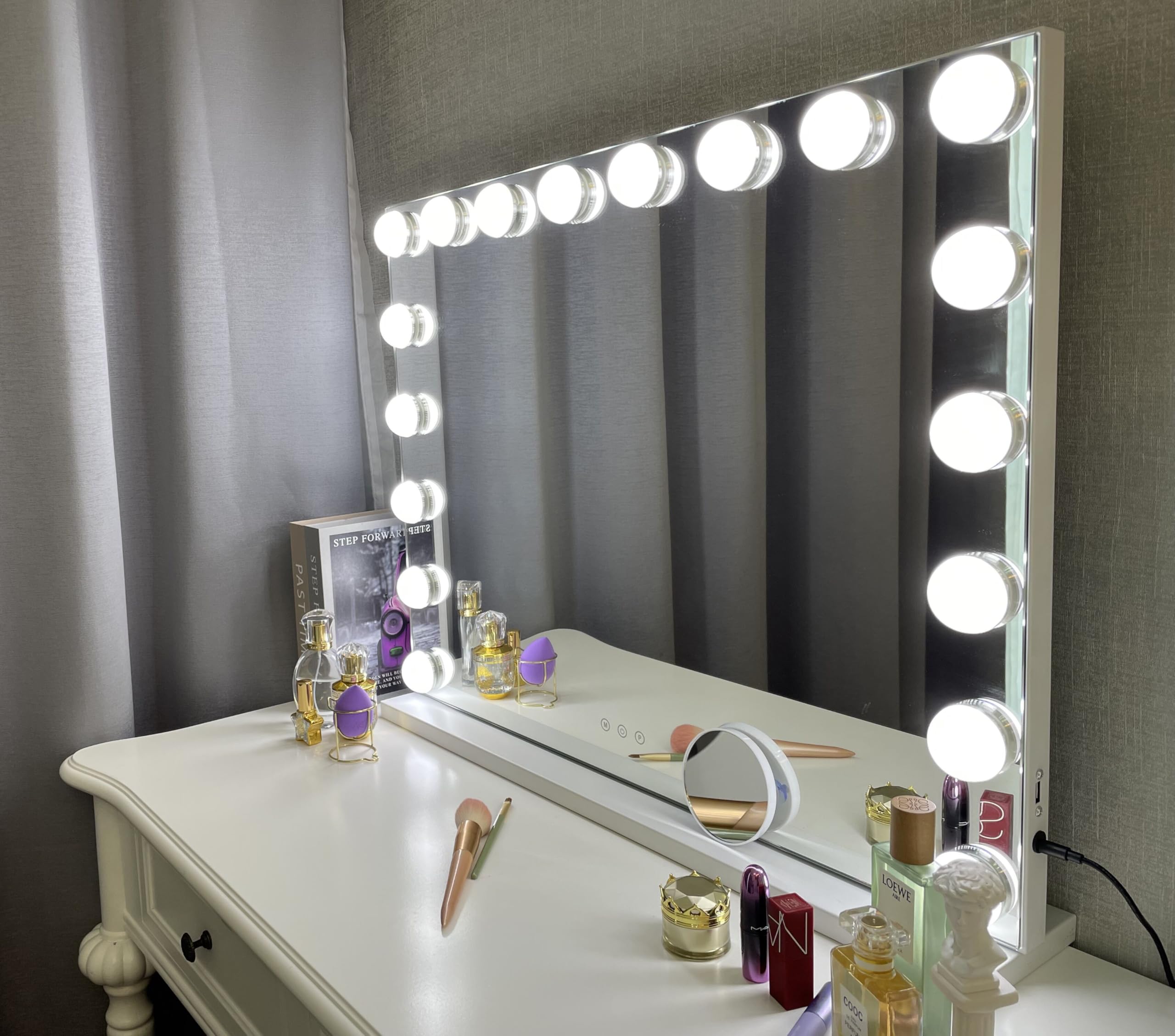 Kottova Vanity Mirror with Lights, Lighted Makeup Mirror with 18 Dimmable LED Bulbs, Hollywood Mirror, 3 Color Lightings, USB Charging Port Touch Control, Metal Frame（27.5" x 21.6"） Image