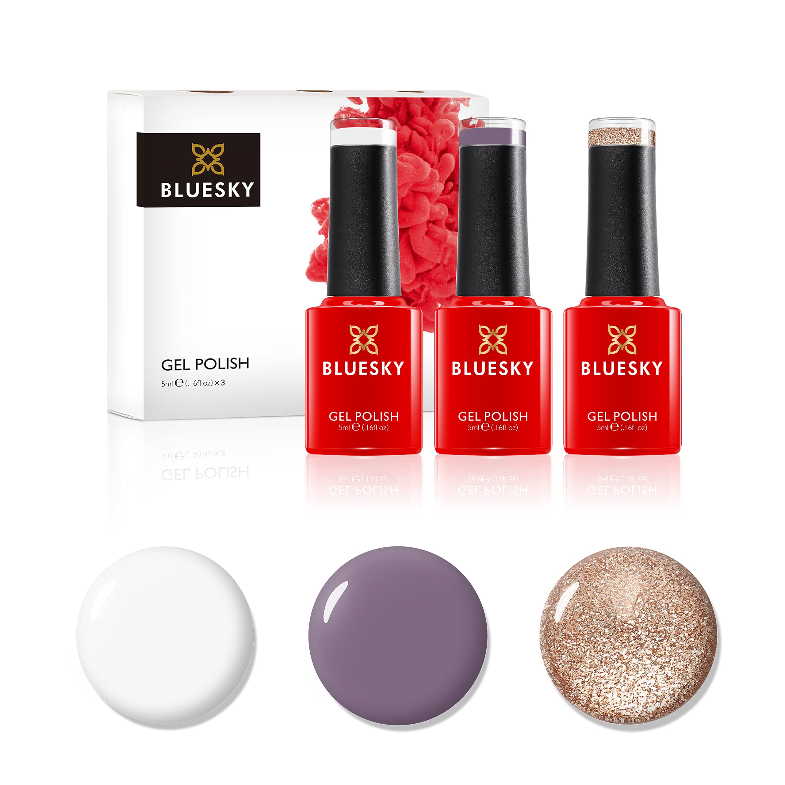 Bluesky Gel Nail Polish Set, Autumn Mauve, Pink BSH101, Champagne Sparkle Platinum04, Studio White 80526, 3 X 5 ml, Gold Glitter, Pink, White (Requires Curing Under UV or LED Lamp)