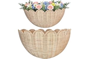 Hand Woven Boho Scalloped Wall Baskets, 2 Pack Rattan Storage & Decor for Bathroom, Kitchen & Living Room