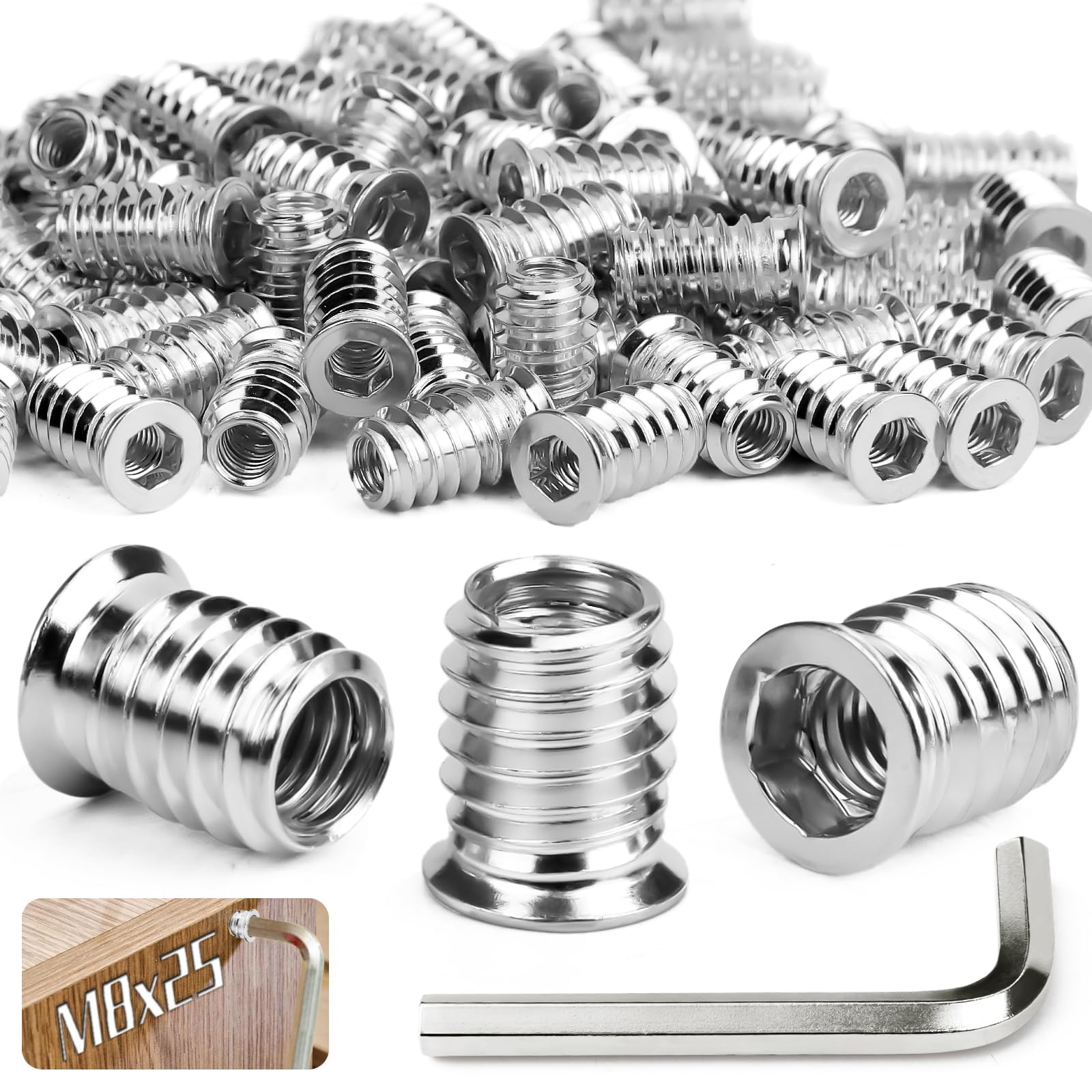 SWTYExt M8 Threaded Inserts for Wood 50pcs Thread Inserts Nuts M8x25MM Flanged Hex Socket Nut Wood Insert Hex Socket Galvanized Suitable for Pine Plywood Composite Panels