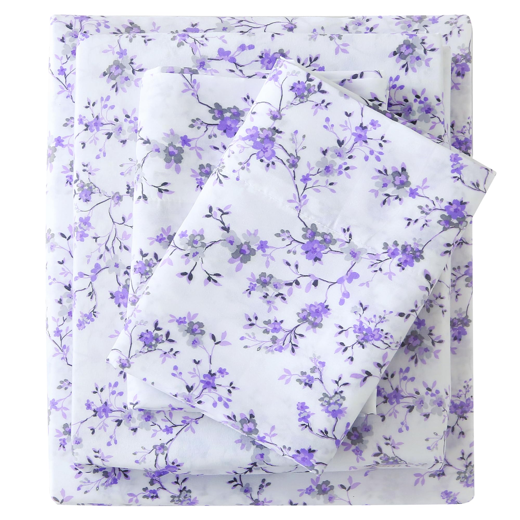 Viviland Floral Twin Sheet Set - 3 Piece Purple Lavender Botanical Patterned Bed Sheets - Soft, Breathable Microfiber Sheets with Deep Pocket, Non-Slip Fitted Sheets & Pillowcases