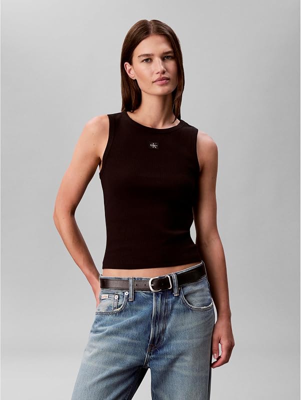 Damen Tank Top Woven Label Cotton Rib mit Logo, Schwarz (Black), S