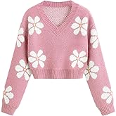 SHENHE Girl's Floral Print V Neck Long Sleeve Knitted Cropped Sweater Jumper Tops