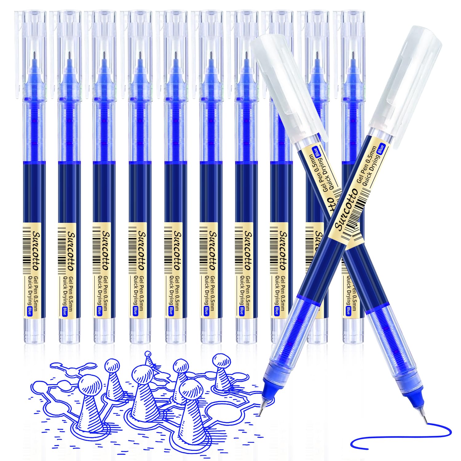 Surcotto 12pcs 0.5mm Blue Gel Ink Pens - Ultra-Fast Drying, Ideal for Writing, Drawing, and Outlining - Suitable for Students and Office Workers