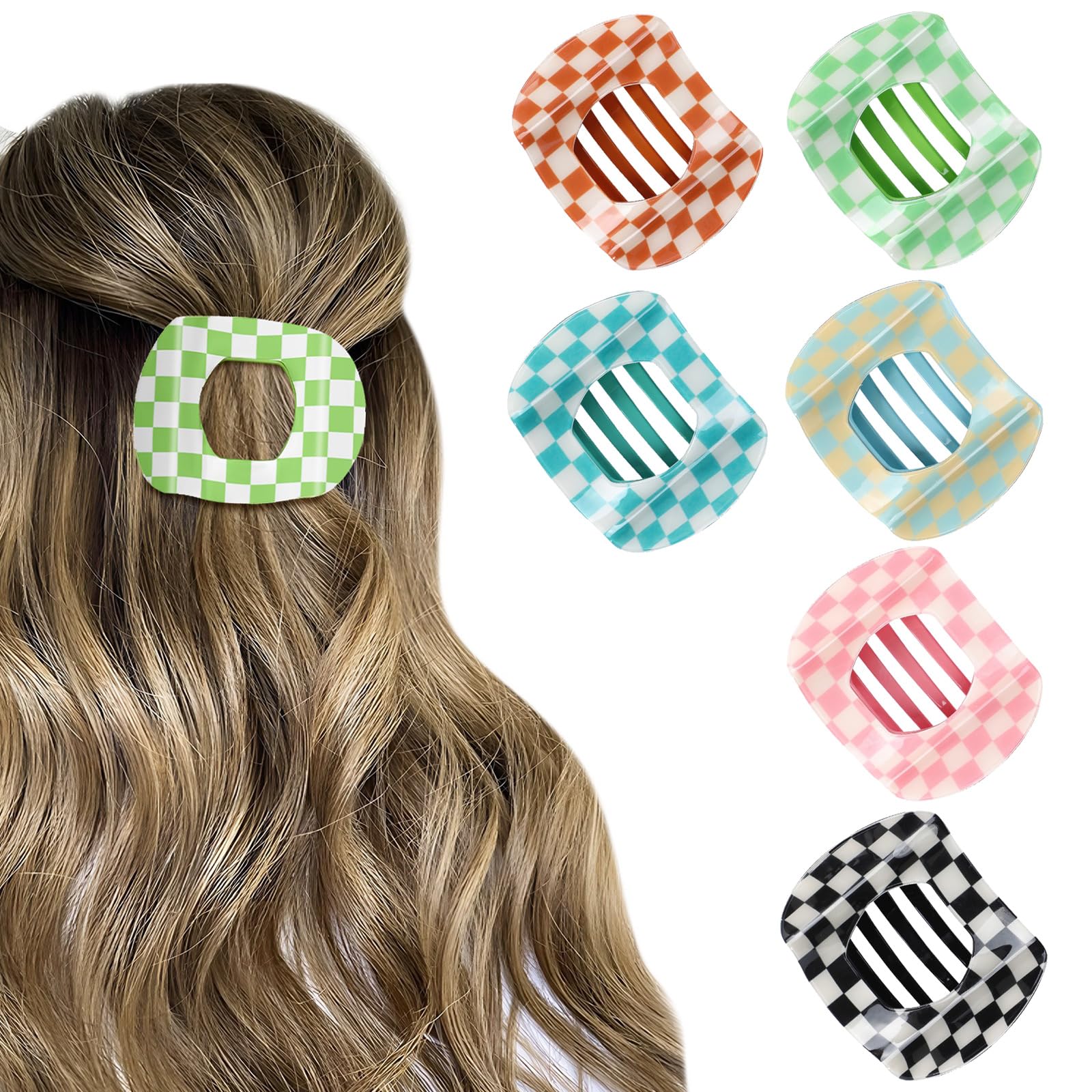 Photo 1 of 6Pcs Flat Checkered Hair Clips for Women,Volume Flat Top Hair Claw Colorful Kabuki Y2K Clip for Thick or Thin Hair,Picura Strong Hold No Slip Barrettes