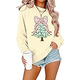 Christmas Sweatshirts for Women Merry and Bright Sweatshirt Xmas Tree Graphic Pullover Holiday Long Sleeve Shirt