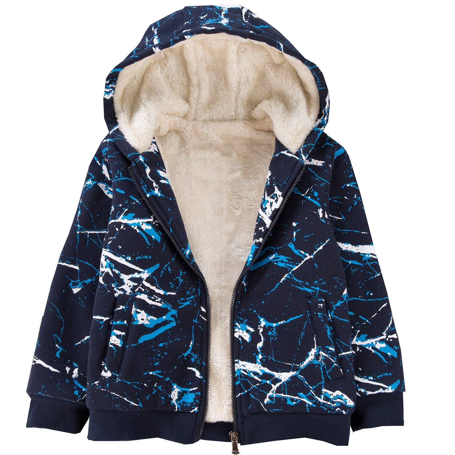 Bumeex Boys Sherpa Fleece Lined Jacket,Spring Fall Winter Zip up Sweatshirt Hoodie Blue Camo Size 6-7 Years Image