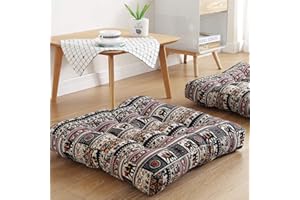 SEXYSAMBA Boho Square Floor Seat Pillows Cushions 22" x 22", Soft Cotton Linen Bohemian Yoga Mandala Meditation Pouf Tatami Floor Pillow Cushion for Living Room Adults & Kids Casual Reading Nooks,Elephant A