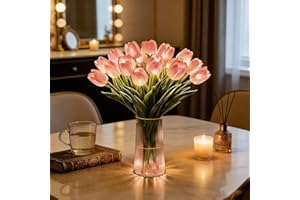 Radiant Romantic Tulip Night Lamp, 15 Piece Twinkling LED Artificial Flower Light for Bedroom Bedside Decor (Pink)