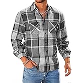 Yousify Mens Flannel Shirts Button Down Long Sleeve Cotton Plaid Shirt Jacket Casual Fall Shackets with Pockets