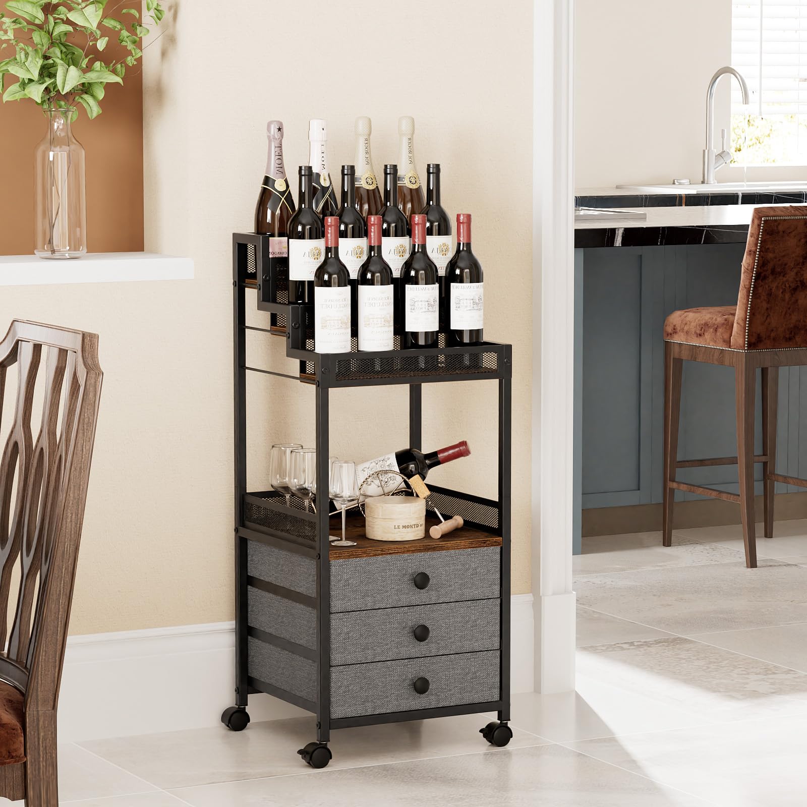 FURFUN Display Riser Stand Perfume Cologne Organizer, Rolling Makeup Storage Cart with Fabric Drawers, Floor Vanity Cosmetics Display Cases for Skin Care Nail Polish Figures Rustic Brown Ladder Stand