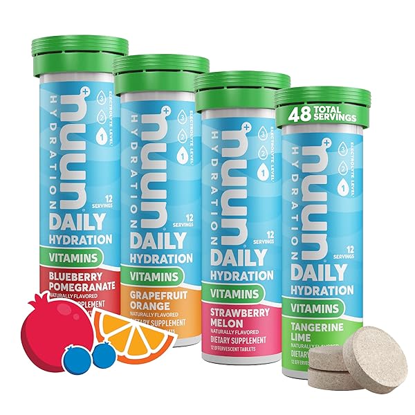 NUUN VITAMINS ELECTROLYTE TABLETS WITH VITAMIN D, C, E, A, & B6, FOLIC ACID, MAGNESIUM & 4 OTHER ESSENTIAL ELECTROLYTES, GLUTEN FREE & VEGAN, MIXED FRUIT, 4 PACK (48 SERVINGS TOTAL)