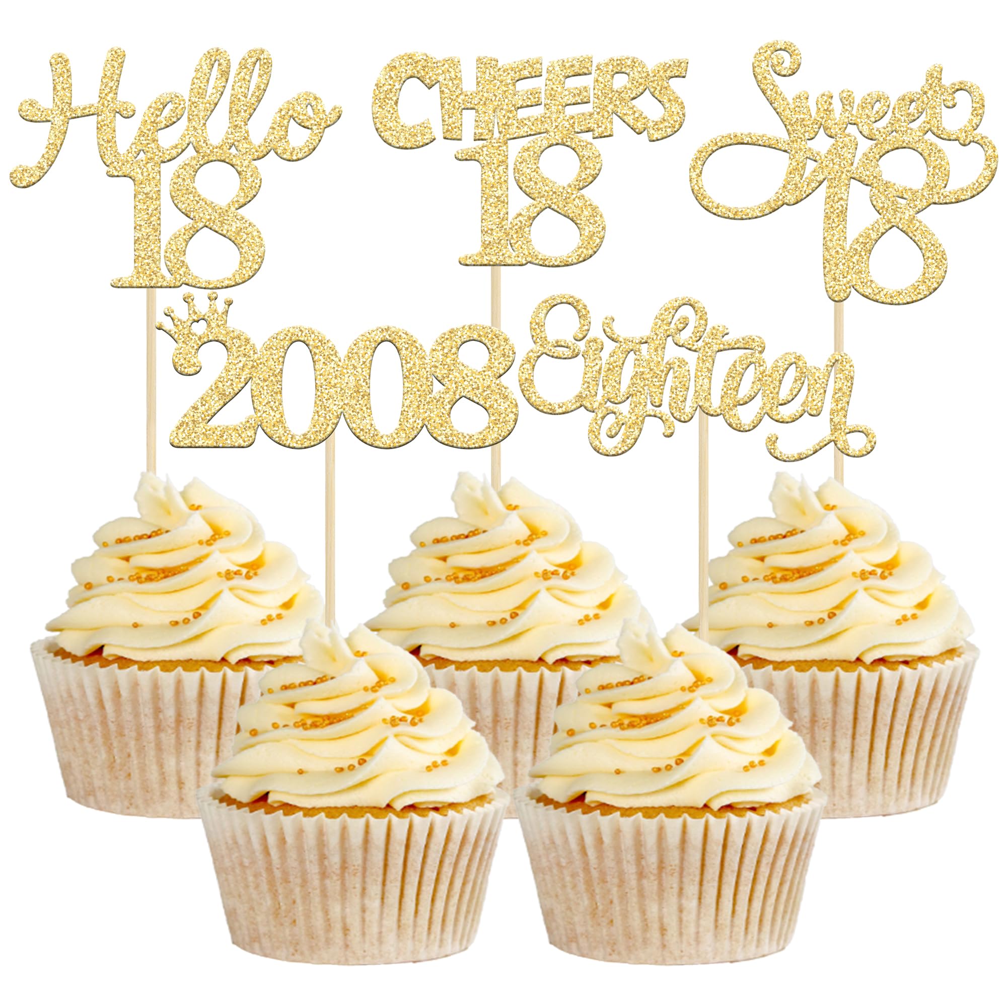 Gyufise 30 Pack Gold Glitter 18th Birthday Cupcake Toppers Hello Sweet 18 Sixteen Since 2008 Cupcake Picks for Cheers to 18th Birthday Party Cake Decorations Supplies