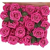 MACTING 30PCS Artificial Flower Roses Real Touch Fake Flowers with Stem Soft Foam Roses for DIY Wedding Bouquet Party Table Centerpieces Baby Shower Home Valentines Day Decorations (Hot Pink)