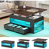 Itaar Lift Top Coffee Table, 4 in 1 Coffee Tables with Storage and Hidden Compartment, Farmhouse Coffee Table with 2 Fabric Drawers &amp; LED Light for Living Room, Black