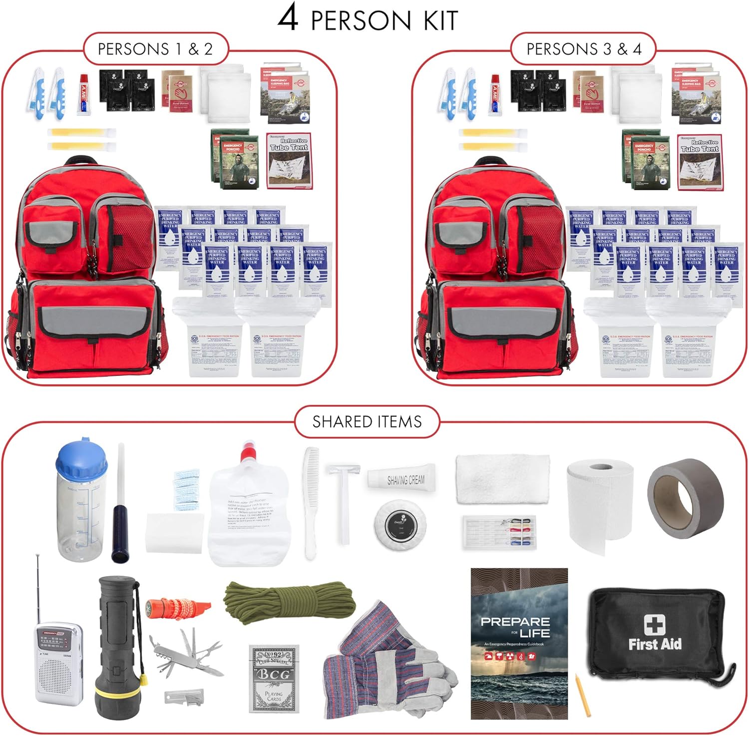 Emergency Zone 4 Person Family Prep 72 Hour Survival Kit/Go-Bag | Perfect Way to Prepare Your Family | Be Ready for Disasters Like Hurricanes, Earthquake, Wildfire, Floods | Now Includes Bonus Item! - - 