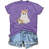 Halloween Ghost T Shirt Women Funny Pumpkin Printed Cute T Shirts Retro Spooky Season Tees Short Sleeve Fall Season Tees