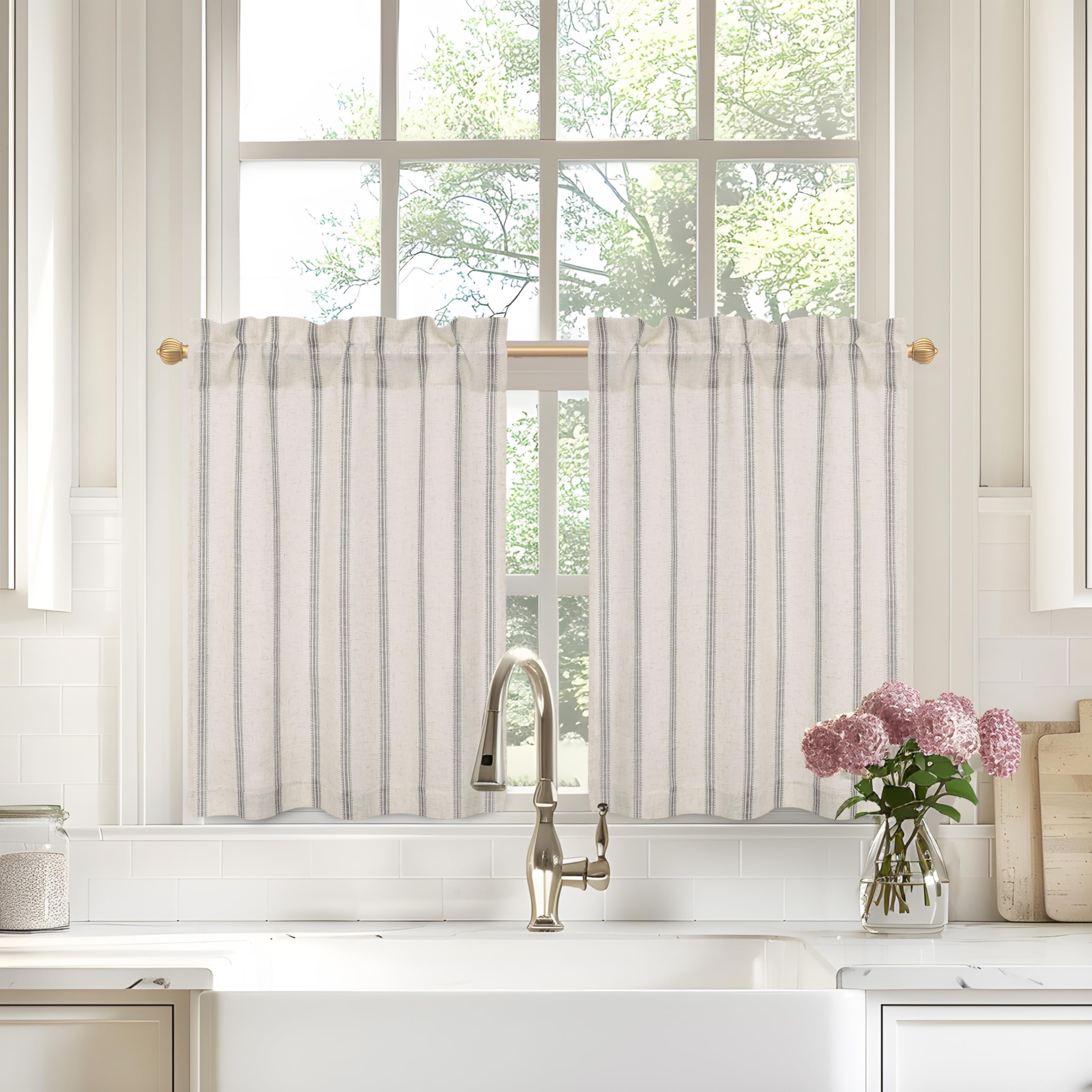 Photo 1 of DriftAway Kitchen Tier Curtains - Striped Linen Short Pinstripe Cafe Curtains 36 Inch Length for Living Room Bathroom Chris Farmhouse Rustic - Rod Pocket 2 Panels Gray