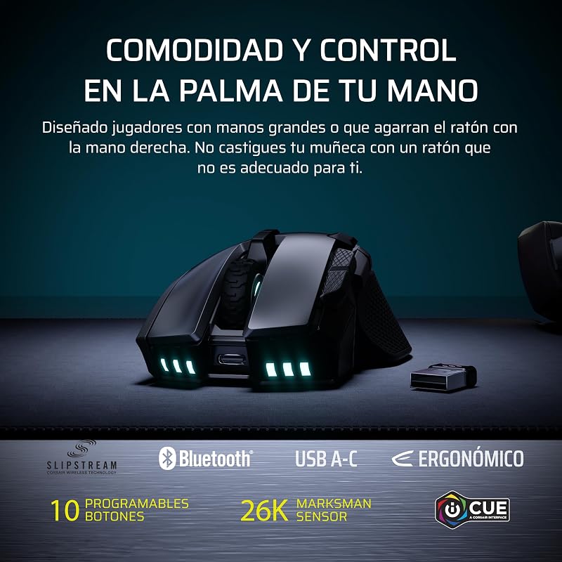 Rato de gaming IRONCLAW Wireless SE – 26.000 DPI, Design Ergonómico para Mãos Grandes, 10 Botões Programáveis, para MOBA, FPS, MMO – Preto